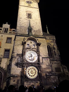 Prague, Astronomical Clock, prague, astronomical clock, clock, clock tower, architecture, building, landmark, historic, architecture design, structure, tourism, design, old, aged, tower, building exterior, travel destinations, religion, built structure, low angle view, night, place of worship, belief, spirituality, time, group of people, city, clock face, 4K, CC0, public domain, royalty free