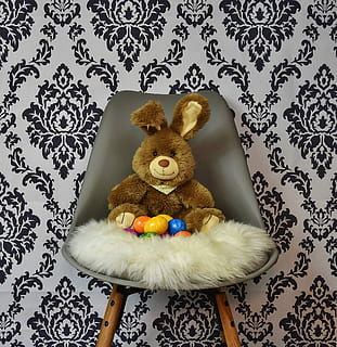 Happy Easter, Easter Bunny, easter, easter greetings, greeting card, easter greeting, easter decoration, easter eggs, colorful, colored, chair, modern, spring, soft toy, animal representation, stuffed toy, celebration, cultures, toy, holiday, representation, indoors, no people, art and craft, close-up, pattern, decoration, still life, animal, mammal, floral pattern, teddy bear, softness, 2K, CC0, public domain, royalty free