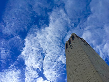 tower, clock, clock tower, landmark, sky, clouds, blue sky, college, university, education, cloud - sky, blue, low angle view, architecture, built structure, building exterior, nature, day, no people, outdoors, building, transportation, travel, cloudscape, mode of transportation, mid-air, flying, tall - high, directly below, meteorology, 4K, CC0, public domain, royalty free