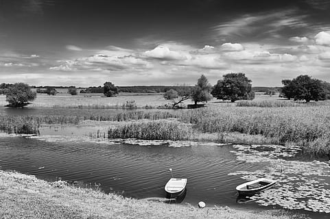 paisatge, oderbruch, naturalesa, riu, negre blanc, aigua, núvol - cel, planta, cel, arbre, llac, dia, vaixell nàutic, tranquil·litat, escenics - natura, bellesa a la natura, terra, transport, a l'aire lliure, escena tranquil·la, cap gent, herba, 4K, CC0, domini públic, lliure de regalies