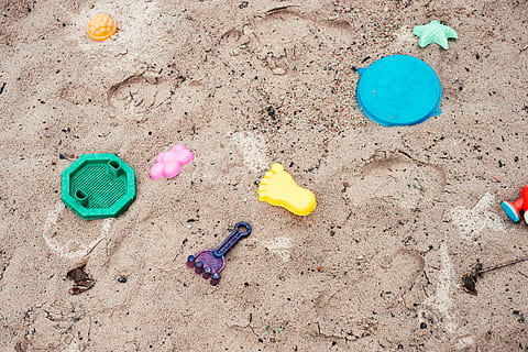 children toys, sandpit, Children, toys, objects, sand, beach, summer, toy, multi Colored, no People, child, plastic, outdoors, day, close-up, land, high angle view, sand pail and shovel, nature, container, green color, dirt, bucket, shovel, blue, hand tool, personal accessory, 4K, CC0, public domain, royalty free
