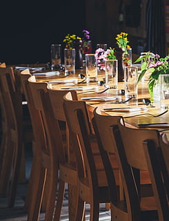 chairs, table, setup, restaurant, fork, spoon, glass, chair, seat, setting, no people, place setting, flower, absence, wood - material, arrangement, flowering plant, business, food and drink, glass - material, household equipment, nature, drinking glass, indoors, 2K, CC0, public domain, royalty free