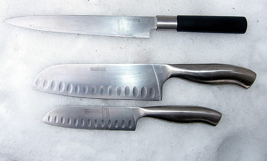 knife, tool, steel, stainless Steel, kitchen Utensil, metal, kitchen Knife, food, silverware, indoors, close-up, group of objects, no people, household equipment, equipment, studio shot, still life, variation, work tool, simplicity, hygiene, choice, gray, three objects, silver colored, order, alloy, 2K, CC0, public domain, royalty free