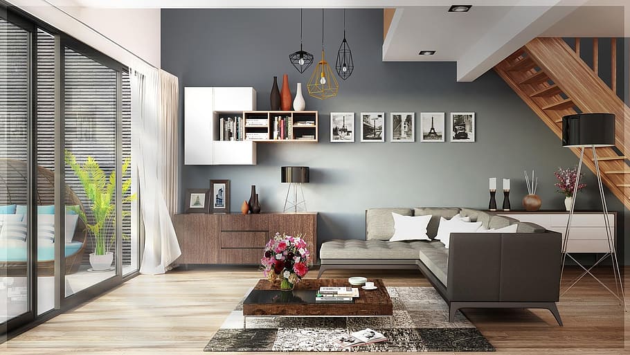 sort, grå, levende, værelse, sæt, arkitektur, indre, design, hjemlige værelse, hjem interiør, hjem, stue, home showcase interiør, møbel, moderne, indendørs, luksus, sofa, gulve, træ - materiale, blomst, husholdnings køkken, bord, køkken, rigdom, livsstil, hjemlige liv, træ, ingen mennesker, elektrisk lampe, hyggelig, 1080P