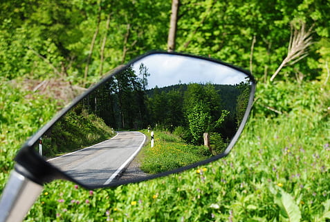 Motorcycle, Mirror, Mirroring, side-view mirror, grass, transportation, vehicle mirror, car, reflection, plant, tree, nature, motor vehicle, day, mode of transportation, green color, land vehicle, growth, glasses, glass - material, outdoors, no people, sunglasses, 1080P, CC0, public domain, royalty free