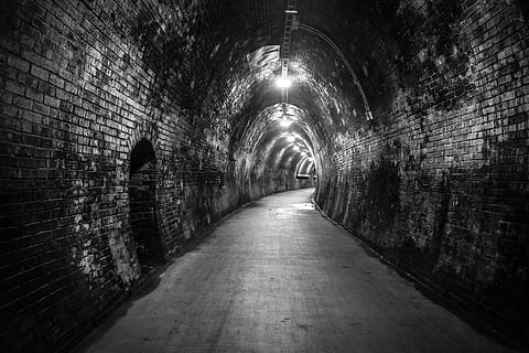 grayscale photo, tunnel, lights, long, dark, direction, the way forward, architecture, built structure, diminishing perspective, arch, wall - building feature, lighting equipment, brick wall, empty, wall, no people, illuminated, brick, footpath, indoors, vanishing point, transportation, light at the end of the tunnel, underpass, alley, ceiling, arched, 5K, CC0, public domain, royalty free