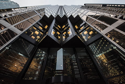 architecture, building, infrastructure, design, skyscraper, built structure, building exterior, low angle view, city, tall - high, modern, office building exterior, no people, office, travel destinations, glass - material, tower, illuminated, reflection, sky, outdoors, ceiling, directly below, financial district, 4K, CC0, public domain, royalty free