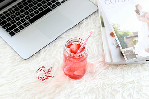 clear, mason jar, red, liquid, straw, flat-lay photography, pink, drink, silver macbook, creative, magazine, reading, working, work, cozy, computer, laptop, notebook, strawberry, fruit, relax, fur, blogger, technology, wireless technology, computer equipment, connection, no people, keyboard, communication, indoors, furniture, computer keyboard, high angle view, food and drink, white color, positive emotion, container, love, glass - material, 5K, CC0, public domain, royalty free