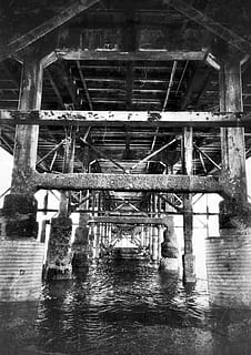 pier, noir, rusty, structure, water, industrial, metal, construction, black And White, old, architecture, built structure, connection, bridge, no people, bridge - man made structure, waterfront, underneath, transportation, below, day, nature, outdoors, low angle view, river, architectural column, 2K, CC0, public domain, royalty free