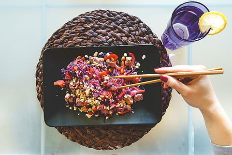 eating, beet glass noodles, Woman, beet, glass noodles, asian, chopsticks, hands, noodles, top view, food, human Hand, women, gourmet, freshness, meal, vegetable, close-up, dinner, restaurant, cooking, human body part, only women, one person, one woman only, food and drink, holding, hand, real people, lifestyles, finger, ready-to-eat, human finger, leisure activity, adult, unrecognizable person, kitchen utensil, body part, temptation, glass, 4K