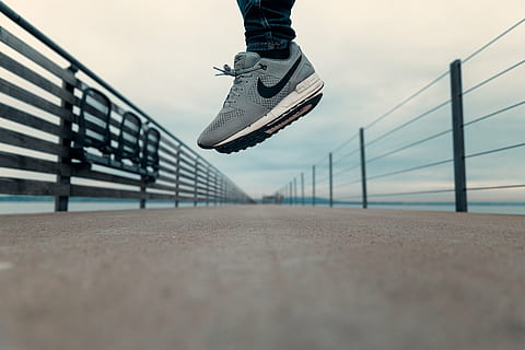 action, air, balance, beach, blue, bridge, concrete, depth of field, dock, fence, floating, jump, jump shot, jumping, low angle shot, man, motion, nike, outdoors, person, recreation, shoes, street, low section, human leg, shoe, sport, lifestyles, one person, body part, leisure activity, human body part, unrecognizable person, sky, limb, mid-air, human limb, day, real people, selective focus, nature, human foot, surface level, 5K, CC0, public domain, royalty free