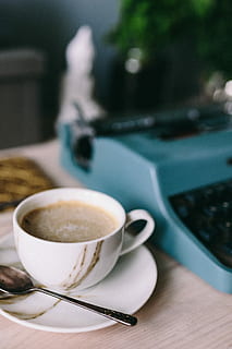 working, old, typewriter, rainy, day, rainy day, vintage, workspace, workplace, coffee, typewriting, rain, typing, cup, coffee - Drink, cafe, espresso, drink, table, breakfast, caffeine, heat - Temperature, cappuccino, morning, coffee Cup, close-up, brown, refreshment, food and drink, saucer, mug, spoon, eating utensil, kitchen utensil, crockery, focus on foreground, still life, freshness, no people, indoors, hot drink, non-alcoholic beverage, tea cup, 4K