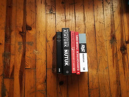 love books, five hardbound books, reading, book, hardback, softback, turkey, wood - material, indoors, text, communication, no people, wood, education, western script, brown, number, publication, still life, high angle view, flooring, directly above, close-up, wall - building feature, black color, pattern, 4K, CC0, public domain, royalty free