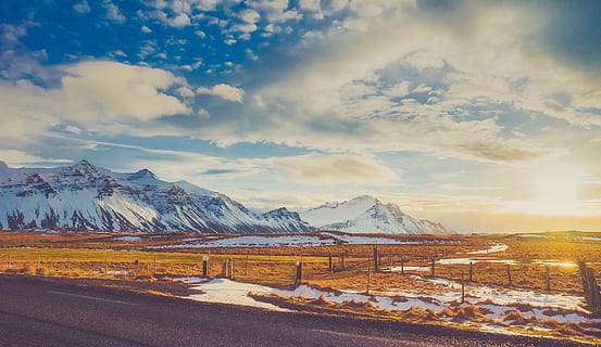bruin, veld-, gletsjer berg, dag, bergen, hemel, wolken, landschap, winter, sneeuw, weg, zonsopkomst, dageraad, zonlicht, natuur, buitenshuis, land, landelijk, hdr, wolk - lucht, Vakantiebestemmingen, geen mensen, berg-, schoonheid in de natuur, scenics - natuur, koude temperatuur, rustige scène, bergketen, met sneeuw bedekte berg, milieu, kalmte, niet-stedelijke scène, idyllisch, bergtop, 1080P, CC0, publiek domein, royaltyvrij
