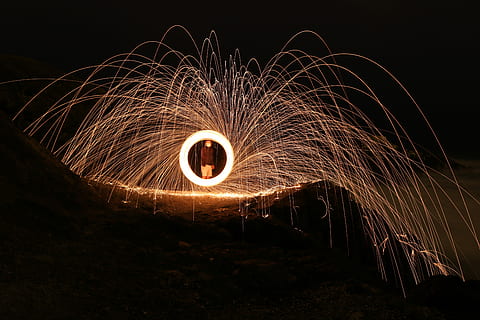 person branddans, fyrværkeri, eksplosion, nat, himmel, bevægelse, tråduld, belyst, lang eksponering, spinding, sløret bevægelse, glødende, gnister, cirkel, geometrisk form, skilt, en person, form, natur, orange farve, advarselsskilt, brænding, meddelelse, udendørs, lys, mørk, 5K, CC0, offentligt domæne, royaltyfrie