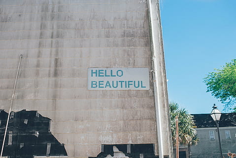 hello, beautiful, wall sticker, quotes, mural, wall, building, city, art, typography, trees, lamp, sky, text, day, no people, architecture, building exterior, outdoors, western script, communication, built structure, sign, low angle view, nature, information, capital letter, road sign, wall - building feature, road, window, 5K, CC0, public domain, royalty free