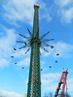 carousel, highest, 139 meters, prater, tower, chain, height, spin, seat, sky, cloud - sky, amusement park, low angle view, amusement park ride, arts culture and entertainment, built structure, chain swing ride, architecture, tall - high, nature, day, outdoors, no people, enjoyment, blue, fun, metal, machinery, fairground, excitement, 2K, CC0, public domain, royalty free