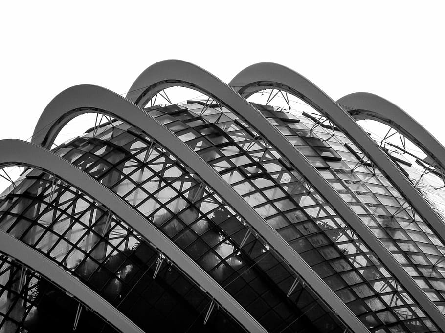 cúpula, forma, textura, Singapur, arquitectura, blanc i negre, línies, negre, blanc, patró, monocroma, divers, dinàmic, monocrom, incolor, sense color, distorsió, disseny, cercle, aleatòria, escala de grisos, web, bw, visual, quadrícula, artístic, asimetria, graella, net, modern, cap gent, temes de fotografia, dia, vista d’angle baix, estructura construïda, metall, cel, cel clar, naturalesa, a l'aire lliure, exterior de l'edifici, edifici, arc, barana, destinacions de viatge, espiral, acer, 1080P