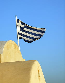flag, blue, white, greece, flutter, blow, patriotism, sky, architecture, no people, clear sky, nature, low angle view, day, the past, copy space, history, shape, environment, outdoors, wind, government, 2K, CC0, public domain, royalty free
