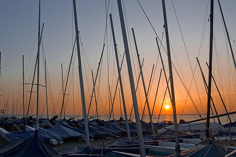 wide-angle shot, boat masts, sunset, coast, Wide-angle, shot, boat, masts, Whitstable, Kent, England, various, sea, nautical Vessel, nature, sailboat, sky, harbor, dusk, yacht, water, outdoors, travel, summer, vacations, sunrise - Dawn, sailing, coastline, sunlight, tranquil Scene, transportation, moored, mode of transportation, beauty in nature, no people, mast, pole, scenics - nature, tranquility, sun, marina, rigging, 2K