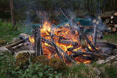 Osterfeuer, Feuer, Kamin, Feuer - natürliches Phänomen, Flamme, Hitze - Temperatur, Verbrennung, Lagerfeuer, Brennholz, draußen, Camping, Log, Holz, Natur, Holz - Material, glühend, Baum, Land, Pflanze, Wald, keine Leute, Feld, 5K, CC0, gemeinfrei, lizenzfrei
