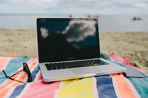 together, beach, sand, summer, tech, computer, macbook, technology, laptop, blanket, holidays, vacations, sea, travel, internet, outdoors, wireless Technology, travel Destinations, no People, communication, land, connection, nature, focus on foreground, day, water, close-up, trip, holiday, personal accessory, 4K, CC0, public domain, royalty free