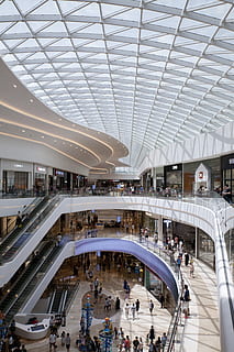 mall, shopping, leisure, complex mall, korea, group of people, large group of people, architecture, built structure, crowd, real people, indoors, lifestyles, women, men, travel, high angle view, ceiling, adult, shopping mall, leisure activity, modern, railing, travel destinations, architectural column, 4K, CC0, public domain, royalty free