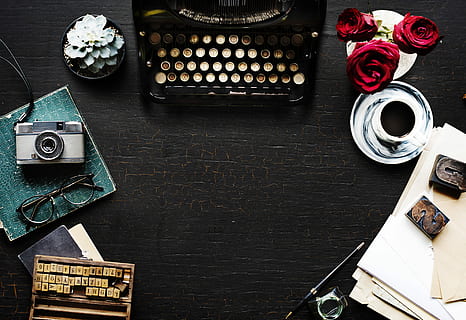 black typewriter, Alphabets, Ancient, Author, Data, document, editorial, information, keyboard, machine, message, nobody, old fashioned, papers, plant, publish, retro, roses, story, style, type, typescript, typewriter, vintage, wooden table, work, writer, no people, old-fashioned, indoors, day, close-up, table, wood - material, directly above, high angle view, food and drink, still life, container, freshness, technology, book, large group of objects, publication, bottle, drink, food, sweet food, 4K, CC0, public domain, royalty free