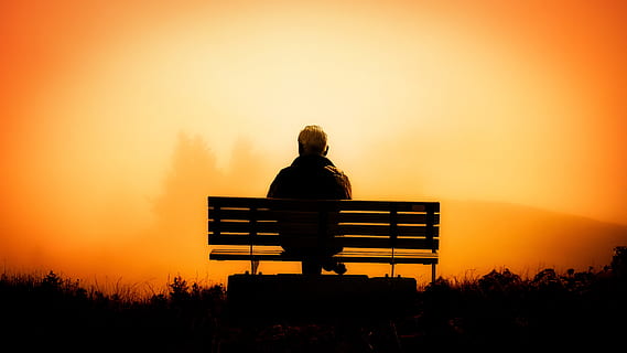 home, assegut, banc, pres, posta de sol, pensió, tercera edat, gaudeix, descans, silenci, alba, sol, a l'aire lliure, silueta, paisatge, naturalesa, fons d’escriptori, groc, una persona, seient, cel, color taronja, vista del darrere, adult, solitud, bellesa a la natura, idíl·lic, estils de vida, dones, planta, Banc del parc, 5K, CC0, domini públic, lliure de regalies