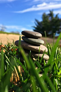 pietre, impilamento, creativo, pianta, cielo, natura, erba, messa a fuoco selettiva, giorno, campo, avvicinamento, pila, terra, nessuno, colore verde, crescita, all'aperto, luce del sole, concentrarsi sulle conoscenze acquisite, nuvola - cielo, ambiente, paesaggio, bellezza nella natura, livello di superficie, 1080P, CC0, dominio pubblico, privo di copyright