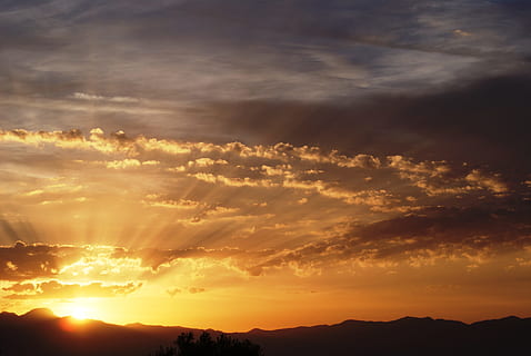 orange, white, cloudy, skies, sunset, dawn, daybreak, sky, cloud, morning, sunrise, cloud - sky, beauty in nature, scenics - nature, tranquil scene, tranquility, orange color, idyllic, silhouette, nature, dramatic sky, no people, sunbeam, sunlight, sun, mountain, environment, non-urban scene, outdoors, bright, 4K, CC0, public domain, royalty free