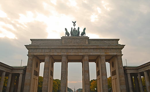 Berlin, Germany, Structures, berlin, germany, brandenburg gate, sunset, clouds, places of interest, quadriga, architecture, architectural column, built structure, travel destinations, history, city gate, sky, cloud - sky, sculpture, statue, travel, the past, art and craft, low angle view, tourism, city, representation, animal representation, monument, no people, outdoors, 4K, CC0, public domain, royalty free
