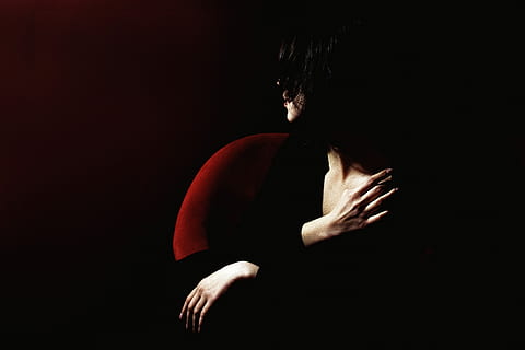 black long-sleeved shirt, woman, sitting, chair, face, sofa, red, womna, female, hand, faceless, portrait, elegance, minimal, deco, art, black, room, dark, elegant, darkness, shade, girl, black background, studio shot, one person, indoors, emotion, sadness, depression - sadness, adult, despair, young adult, copy space, looking, casual clothing, contemplation, obscured face, hairstyle, profile view, 5K, CC0, public domain, royalty free