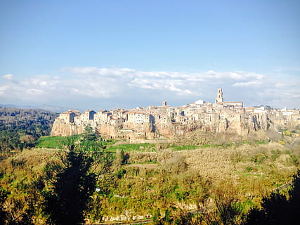 brown, concrete, houses, hill, daytime, gray, ancient, ruins, green, grass, highland, mountain, building, structure, tree, path, road, landscape, blue, sky, cloud, architecture, day, outdoors, cloud - sky, no people, nature, travel destinations, scenics, plant, built structure, building exterior, environment, history, the past, land, scenics - nature, 2K, CC0, public domain, royalty free