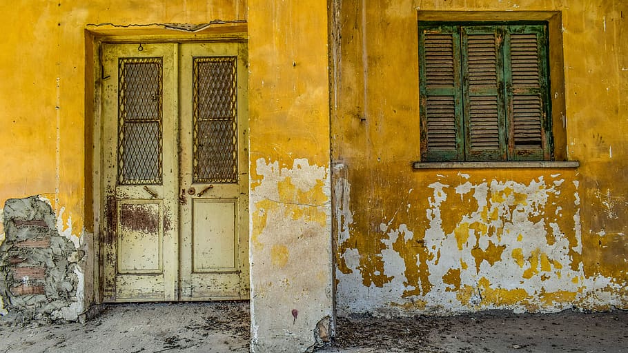 amarelo, concreto, casa, janela, porta, parede, arquitetura, velho, portão, Entrada, fachada, troulli, Chipre, envelhecido, intemperizado, decair, grunge, sujo, estragado, suja, rachar, quebrado, abandonado, oxidado, corrosão, estrutura construída, exterior do edifício, construção, fechadas, dia, recurso de construção de parede, ninguém, história, Distrito residencial, declínio, o passado, deterioração, ao ar livre, arruinado, 5K