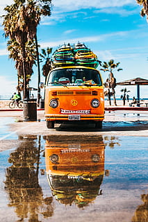 Orange, van, planche de surf, Haut, o'neill, marron, photographie de bus, flaque, réflexion, ciel, eau, arbre, transport, mode de transport, palmier, la nature, journée, plante, personnes accessoires, nuage - ciel, climat tropical, véhicule à moteur, ville, en plein air, voiture, véhicule terrestre, front de mer, 5K, CC0, domaine public, libre de droits