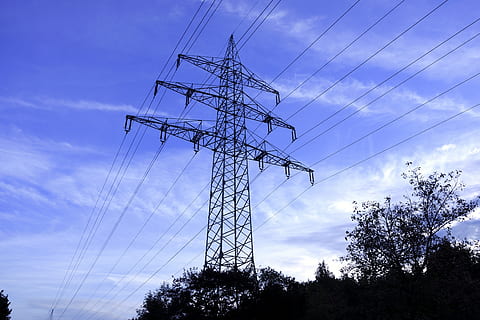 strommast, electricity, current, evening, cable, sky, power line, technology, electricity pylon, power supply, fuel and power generation, cloud - sky, connection, low angle view, nature, plant, tree, silhouette, no people, outdoors, tall - high, architecture, metal, iron - metal, electrical equipment, complexity, electrical component, 5K, CC0, public domain, royalty free