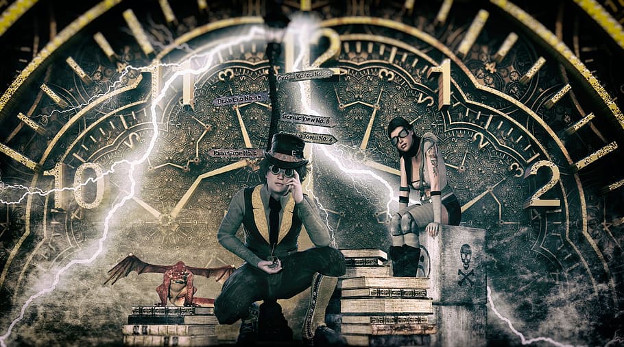 mężczyzna, sztuka zegar kobieta, steampunk, czas, zegar, mosiądz, wiktoriański, fabryka marzeń, podróż w czasie, utopia, fantastyka naukowa, skrzyżowanie ulic, odległy, podróżować, smok, książki, czekać, Lampa błyskowa, sztuki i rzemiosła, architektura, kreatywność, reprezentacja, dorosły, mężczyźni, ludzie, pełna długość, ludzka reprezentacja, przedni widok, religia, młody dorosły, dwoje ludzi, młodzi mężczyźni, fresk, noc, historia, funkcja budowy ścian, męskie podobieństwo, codzienne ubrania, 2K