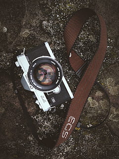 retro canon camera, Retro, Canon Camera, camera, canon, technology, camera - Photographic Equipment, equipment, photography themes, close-up, no people, old-fashioned, outdoors, high angle view, still life, photographic equipment, photographing, day, old, nature, rock, directly above, metal, digital camera, activity, retro styled, 2K, CC0, public domain, royalty free