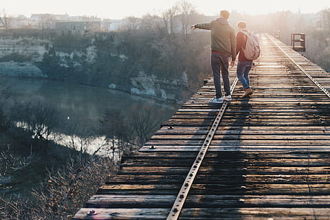 two, man, standing, brown, wooden, footbridge, men, walking, railway, river, daytime, wood, bridge, people, looking, pointing, outdoors, nature, sunset, sunlight, sunshine, guy, guys, backpack, knapsack, lifestyle, friends, full length, rear view, casual clothing, two people, day, togetherness, real people, lifestyles, water, adult, leisure activity, bonding, women, lake, positive emotion, couple - relationship, track, 1080P