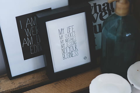 life, choices, wishes, lessons, business, framed, painting, sentence, phrase, concept, typography, lifestyle, poster, frame, indoors, table, text, communication, no people, close-up, high angle view, art and craft, western script, drawing - art product, creativity, still life, home interior, technology, paper, focus on foreground, selective focus, white color, restaurant, 5K, CC0, public domain, royalty free