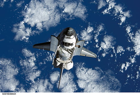 black, white, space shuttle, discovery, earth, clouds, spacecraft, orbit, spaceship, ship, sky, cloud - sky, no people, nature, space, blue, low angle view, transportation, space exploration, day, flying, mode of transportation, space travel vehicle, air vehicle, outdoors, astronomy, technology, mid-air, surveillance, exploration, 2K, CC0, public domain, royalty free