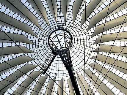 architecture, fan, abstract, structure, design, pattern, ceiling, interior, modern, built structure, indoors, low angle view, geometric shape, shape, full frame, dome, no people, sunlight, circle, backgrounds, glass - material, directly below, roof, architectural feature, skylight, cupola, concentric, ornate, architecture and art, 2K, CC0, public domain, royalty free