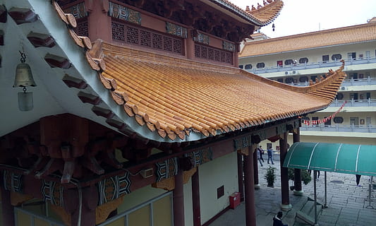 temple, building, classical, eaves, china wind, architecture, built structure, building exterior, roof, city, day, no people, place of worship, residential district, roof tile, nature, travel destinations, outdoors, belief, religion, travel, water, 4K, CC0, public domain, royalty free