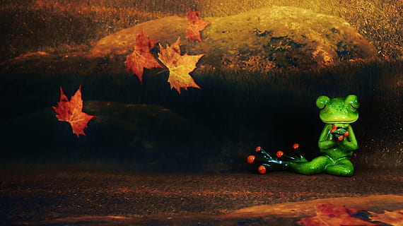 frog, pray, forest, mood, decoration, figure, harmony, funny, cute, frogs, autumn, leaf, plant part, nature, orange color, tree, change, outdoors, plant, day, no people, fun, animal, animal themes, representation, water, land, falling, full length, maple leaf, leaves, 5K, CC0, public domain, royalty free
