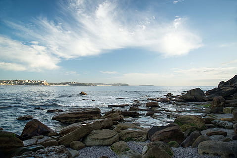 ocean, rocks, clouds, manly, australia, beach, seascape, rock, water, solid, rock - object, sea, sky, land, cloud - sky, scenics - nature, nature, beauty in nature, tranquility, day, no people, environment, stone - object, outdoors, tranquil scene, groyne, rocky coastline, 1080P, CC0, public domain, royalty free