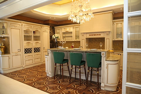 Indoor, Sample, Room, Kitchen, sample room, indoors, chair, elegance, luxury, no people, home showcase interior, seat, table, illuminated, furniture, architecture, flooring, home interior, lighting equipment, business, built structure, wealth, domestic room, door, ceiling, empty, building, bar counter, setting, 5K, CC0, public domain, royalty free