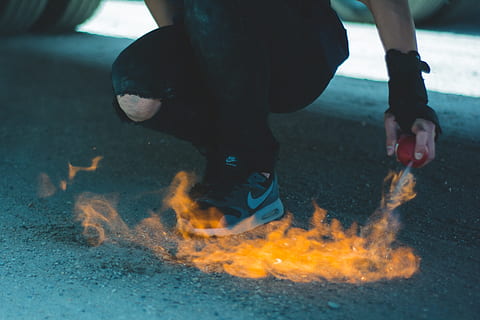 fire, flames, spray, can, concrete, ground, low section, human body part, body part, human leg, one person, real people, men, flame, burning, day, nature, fire - natural phenomenon, lifestyles, heat - temperature, outdoors, city, walking, street, human foot, human limb, bonfire, 2K, CC0, public domain, royalty free