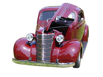 cat, oldtimer, chev, chevrolet, 1938, red, maroon, vintage, car, restoration, restored, automobile, white background, motor vehicle, mode of transportation, retro styled, transportation, land vehicle, studio shot, metal, vintage car, no people, close-up, old, cut out, indoors, obsolete, stationary, junkyard, 1080P, CC0, public domain, royalty free