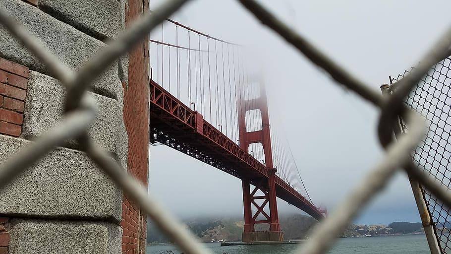 nízký, úhlové fotografování, zlatý, hradlový most, San Francisco, most, bílý, zataženo, nebe, plot, řeka, zeď, cihlový, beton, drát, bariéra, brána, mlha, mrak, Zlatá brána, architektura, Drátěný plot, stavba, hranice, zaměřit se na pozadí, spojení, kov, nikdo, bezpečnost, most - mužská konstrukce, drátěné pletivo, ochrana, voda, Příroda, přeprava, exteriér budovy, venku, ocel, 4K